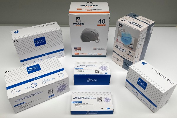 Asteri branded rapid results COVID tests and face masks